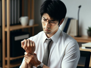 DALL·E 2024-04-21 23.38.54 - A Japanese businessman experiencing wrist pain while using a computer. He is sitting at a desk in an office environment, looking concerned as he holds