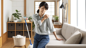 DALL·E 2024-05-09 17.18.50 - A Japanese woman in her 40s, wearing a casual outfit, pausing from cleaning in a living room. She is experiencing shoulder fatigue, visibly resting he