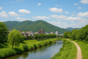 静かな街並みと山岳景観